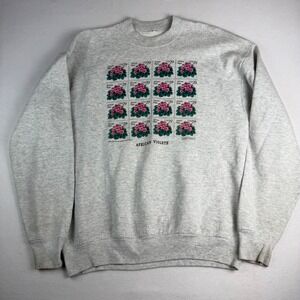 Vintage African Violets Stamp Print Sweatshirt Gray Crewneck Size L